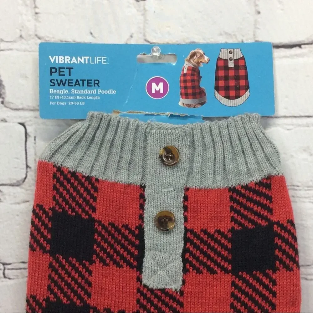 Vibrant Life Dog Sweater Size M Red/Black/Gray Buffalo Check Cozy Pet Lover Gift